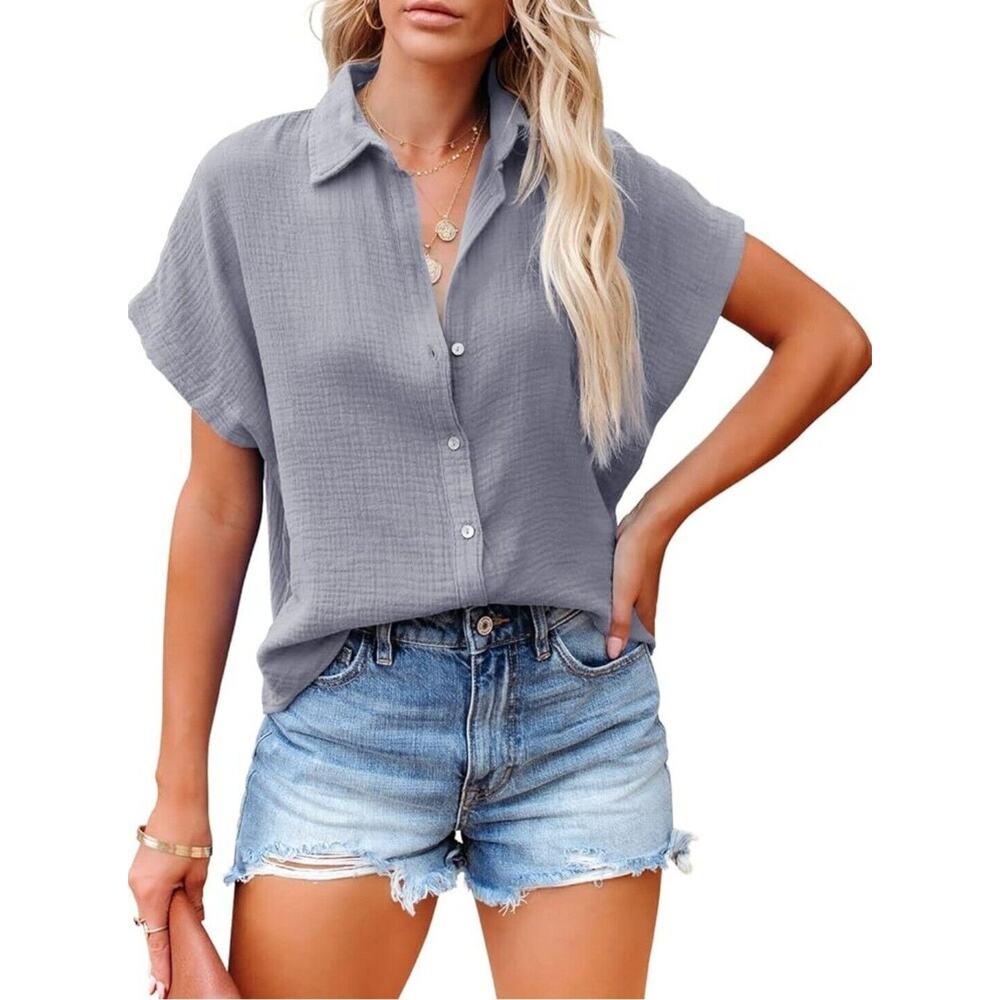 Davenil Women Button Down Shirts Linen Casual Collar Short Sleeve Blouse Small